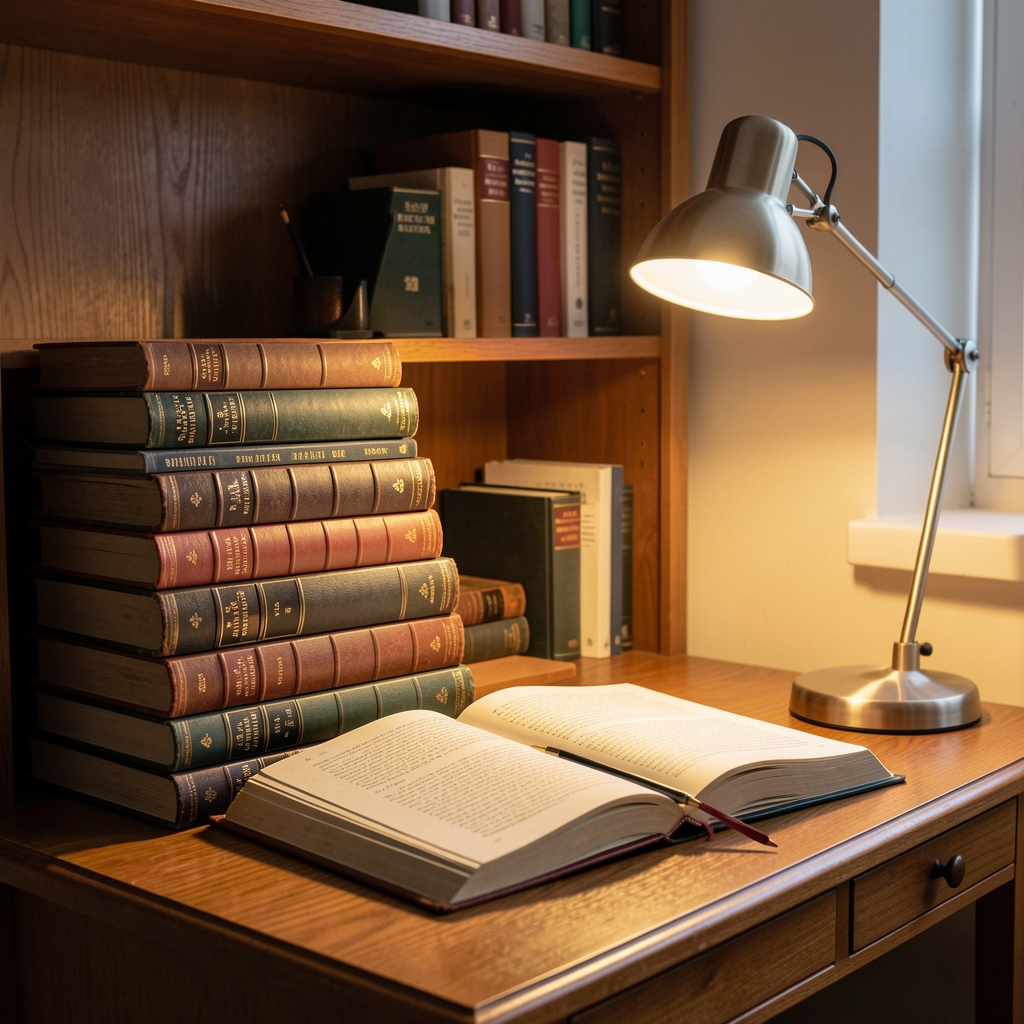 Warm-lit reading nook with stacked scholarly books, an open notebook, and a reading lamp casting a focused glow, evoking contemplative research and depth of knowledge
