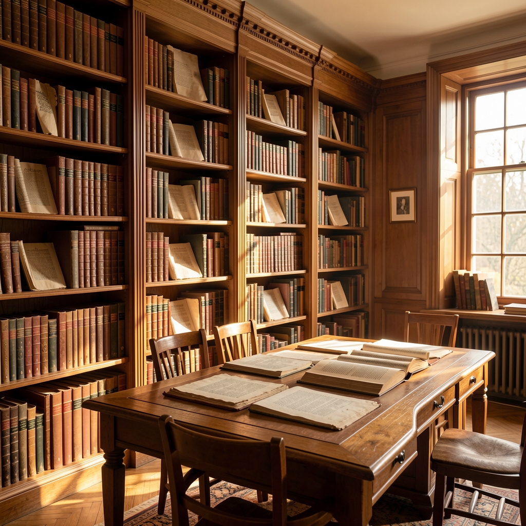 Warm-toned library interior with tall wooden shelves filled with historical books and manuscripts, sunlight falling across the reading table, evoking depth of historical research