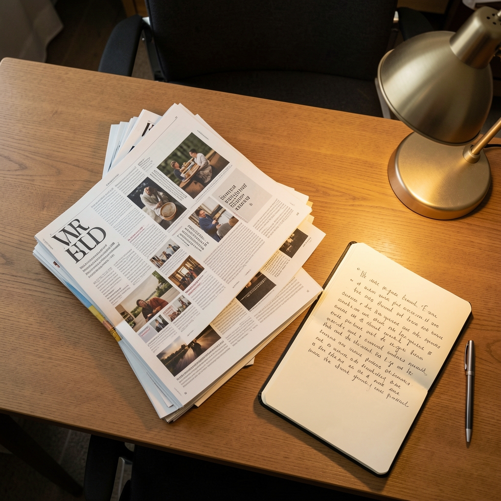 Overhead view of a reading table with a stack of open editorial magazines, a notebook with handwritten notes, and warm desk lamp light creating an atmosphere of scholarly immersion