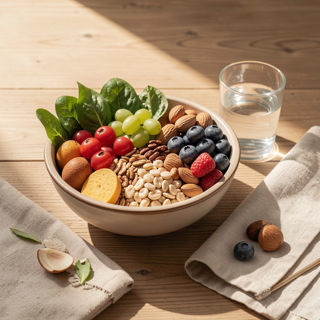 Artfully arranged still life on a sunlit wooden table featuring a bowl of varied whole foods, a small glass of water, and a folded cloth, representing balanced daily nutrition and intentional living