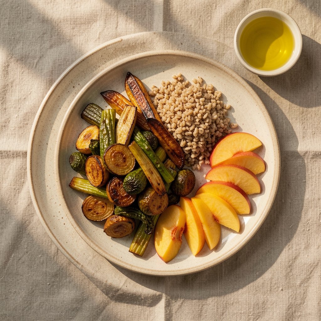 Carefully arranged plate of diverse colourful whole foods including grains, leafy greens, legumes, and sliced fruit on a neutral linen surface, emphasising visual balance and variety in eating