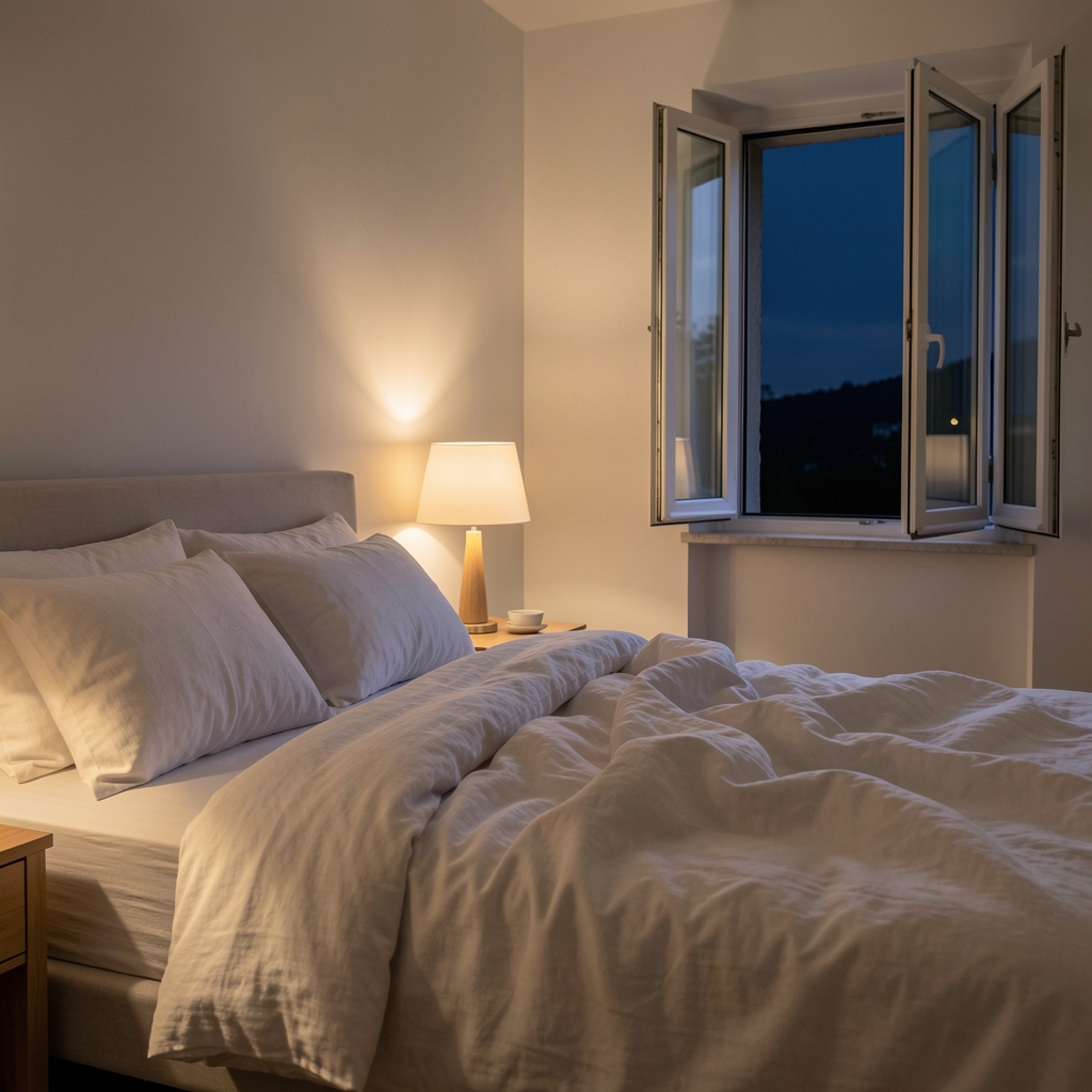 Peaceful bedroom at dusk with soft ambient light from a bedside lamp, rumpled linen sheets, and a half-open window showing a darkening sky, evoking the transition into restful sleep