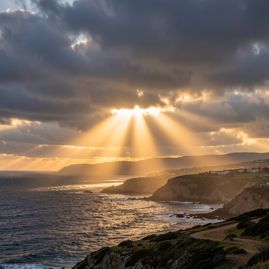 Sharp beam of golden sunlight cutting through dark clouds over a coastal landscape, representing the emergence of clarity from confusion and the power of understanding