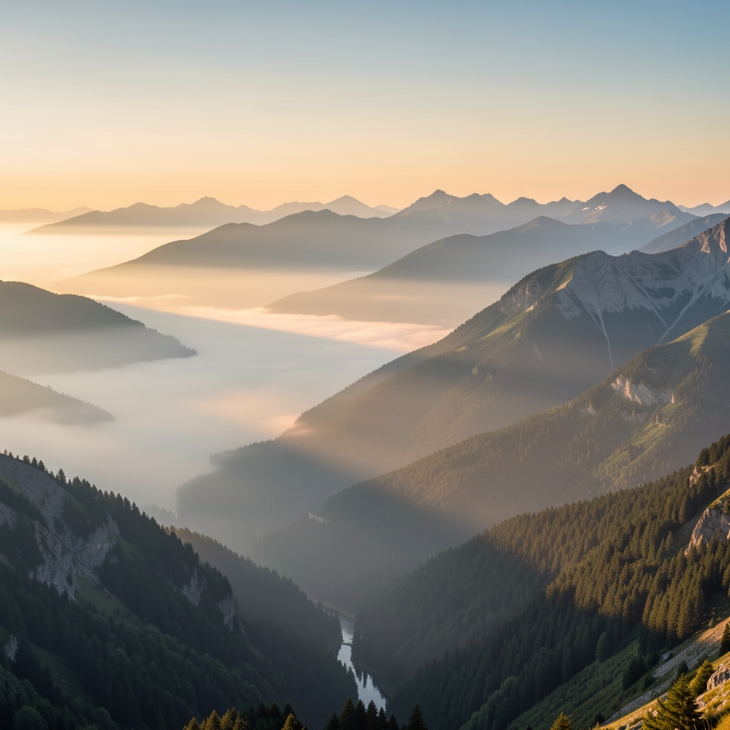 Expansive misty mountain landscape at golden hour, evoking the vast scope of knowledge and contemplative discovery