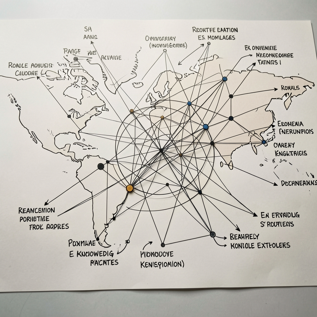 Abstract overhead view of a hand-drawn exploratory map with interconnected lines, nodes, and annotated regions representing complex knowledge systems