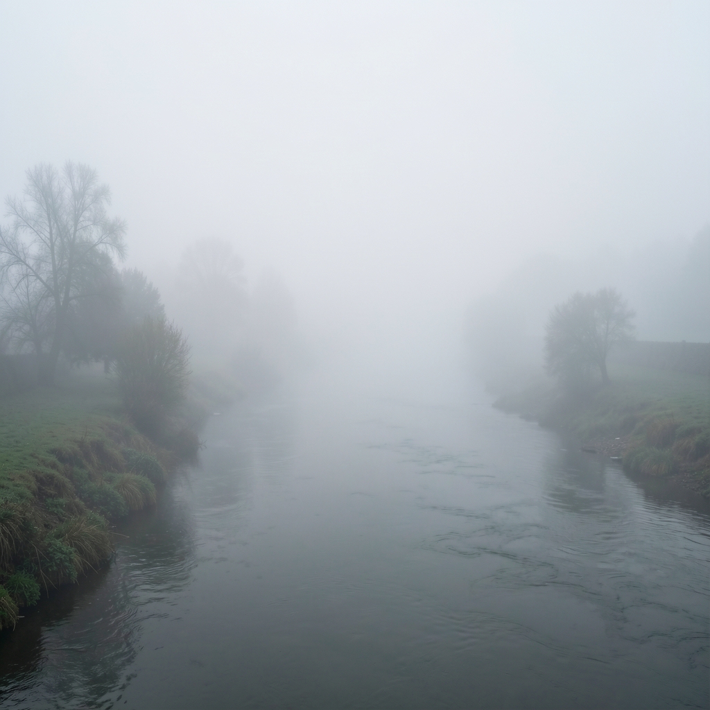 Thick morning fog over a river valley obscuring the landscape, symbolising confusion, uncertainty, and distorted perception of complex subjects