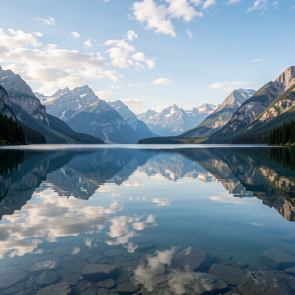 Clear still water reflecting sky and mountains with perfect clarity, evoking mental clarity, stillness, and environmental balance